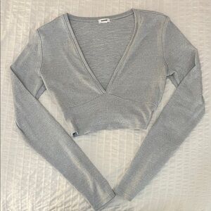 Garage Silver V-Neck Long Sleeve Crop Top